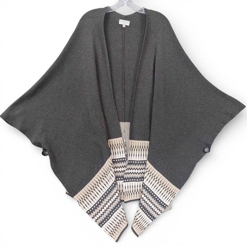 Joseph A Gray Open Front Knit Poncho Cardigan Sz 1X Geometric Border Cozycore